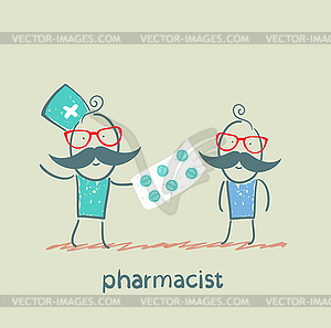 Pharmacist gives patient tablet - vector image