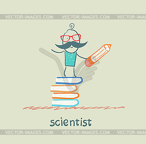 Scientist holding pencil and stands on pile of books - vector EPS clipart