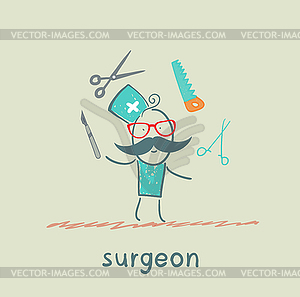 Surgeon juggles work tools - vector image