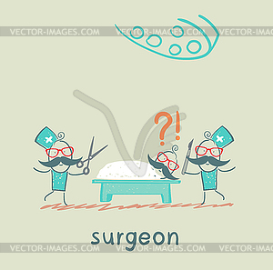 Surgeon holding scalpel and scissors and stands nea - vector clip art