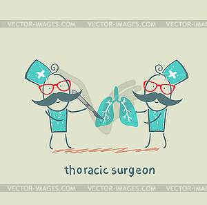Thoracic surgeon with scalpel works on light - vector clipart