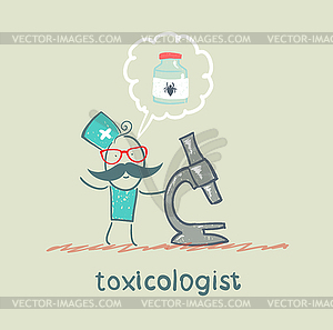 Toxicologist looking through microscope and thinks - vector image