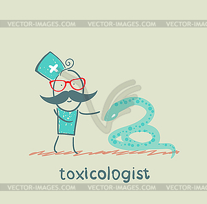 Toxicologist stands next to snake - vector image