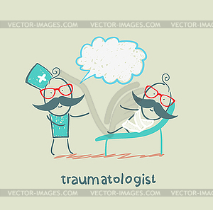 Traumatologist tells patient with chest injury - vector clipart