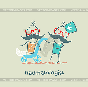 Traumatologist lucky patient in wheelchair - vector image