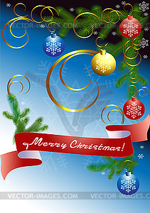 Christmas Tree with red ribbon on blue background - vector clipart