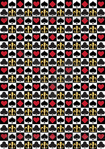 Black and white checkered background with card suits - vector image