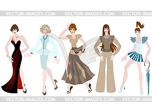    Beautiful girls in different clothing style. - vector EPS clipart