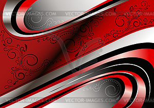 Red and silver curves and patterns on red wavy frame - vector clipart