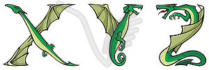 Dragons alphabet: X,Y,Z - vector clip art