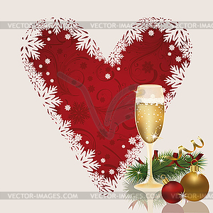 Merry Christmas card with heart and champagne, vector  - vector image