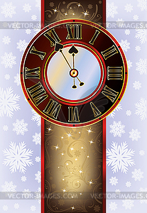 Elegant Christmas card with New Year clock, vector  - vector clipart