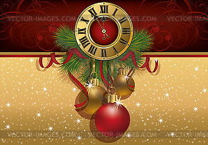 New Year greeting banner with xmas balls and clock - vector clipart