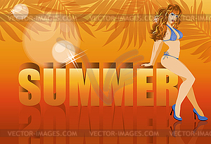 Summer time banner with sensual girl in bikini, vector  - vector image