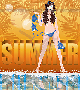 Summer time card with sexy girl in topless, vector  - vector clipart / vector image