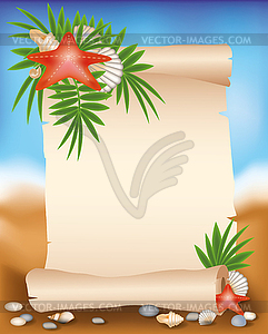 Blank paper scroll on summer background with starfish,  - vector clip art