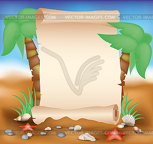 Blank paper scroll on summer card with palm tree - vector clip art