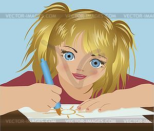 Cute little girl draw with felt tip pen, vector - vector clipart / vector image