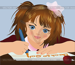 Young little girl writing in a school notebook, vector  - stock vector clipart