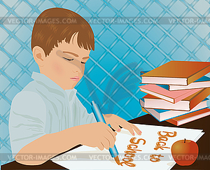 Young boy writing in a school notebook, vector - vector image