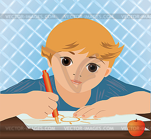 Молодой симпатичный мальчик написание солнца в школьной тетради, векторные - векторизованное изображение