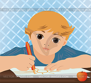 Young cute boy writing sun in a school notebook, vector - vector image