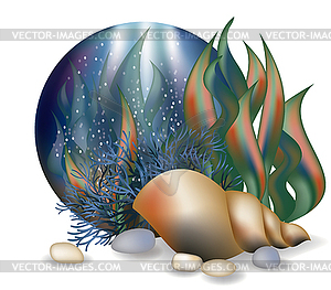 Underwater world card with seashell, vector - vector clipart