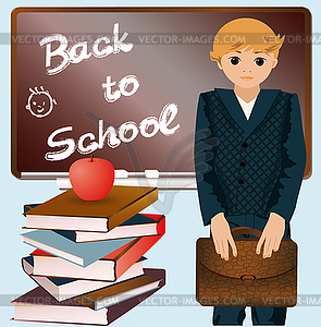 Little schoolboy with schoolbag and books, vector - vector image