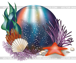 Underwater world card with starfish, vector  - vector clipart / vector image