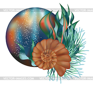 Underwater world banner with seashell, vector - vector image