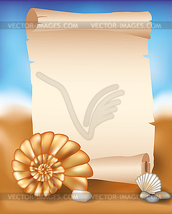 Blank paper scroll on summer background with seashell,  - vector image