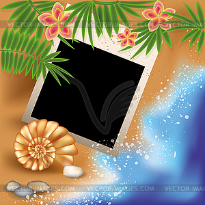 Summer photo frame with seashell and flowers, vector - vector clip art