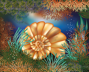 Underwater world wallpaper with golden seashell, vector - vector clipart