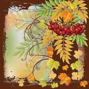 Осенняя открытка с красной рябины и кленовые листья - векторизованный клипарт