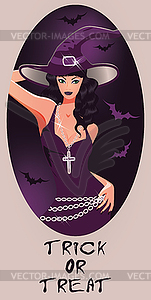 Trick or Treat Halloween card  Beautiful witch, vector  - vector clipart