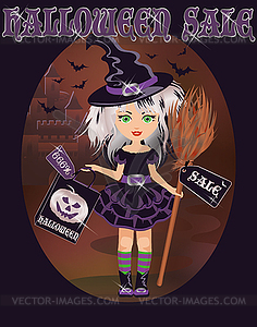 Halloween sale card with little witch, vector - vector image