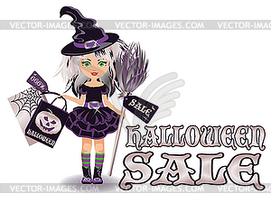 Хэллоуин продажи баннер с маленькой ведьме, векторные - векторный рисунок