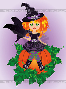 Halloween little witch and bat, vector illustration - royalty-free vector clipart