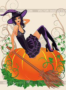 Halloween witch and pumpkin, vector illustration - vector image