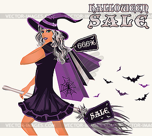 Halloween sale postcard with sexy witch, vector illustr - vector image