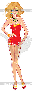 Sexy glamour blonde girl dressing in red mini dress - vector clipart