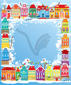 Frame with decorative colorful houses. Christmas an - vector clipart