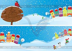 Set of horizontal banners with small fairy town on - vector clipart