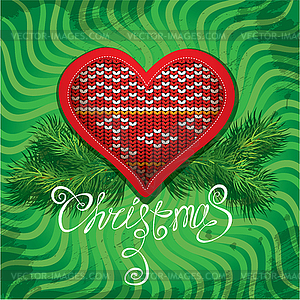 Christmas and New Year card with knitted heart shap - vector image