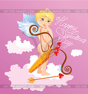 Cute angel with arrows and bow standing on cloud. - vector image