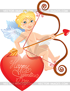 Cute angel with arrow and bow sitting on big red - vector image