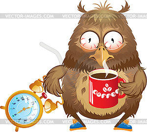 Early morning time - funny owl with cup of coffee - vector clipart