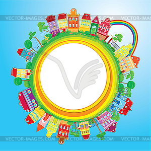Abstract round banner with small fairy colorful tow - vector image