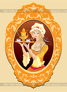 Oval Portrait of Beautiful blonde girl with coffee - color vector clipart