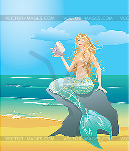 Beautiful mermaid girl with sea shell sitting - vector clipart